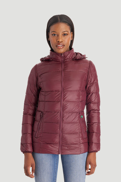 water resistant down jacket with removable hood and removable sleeves